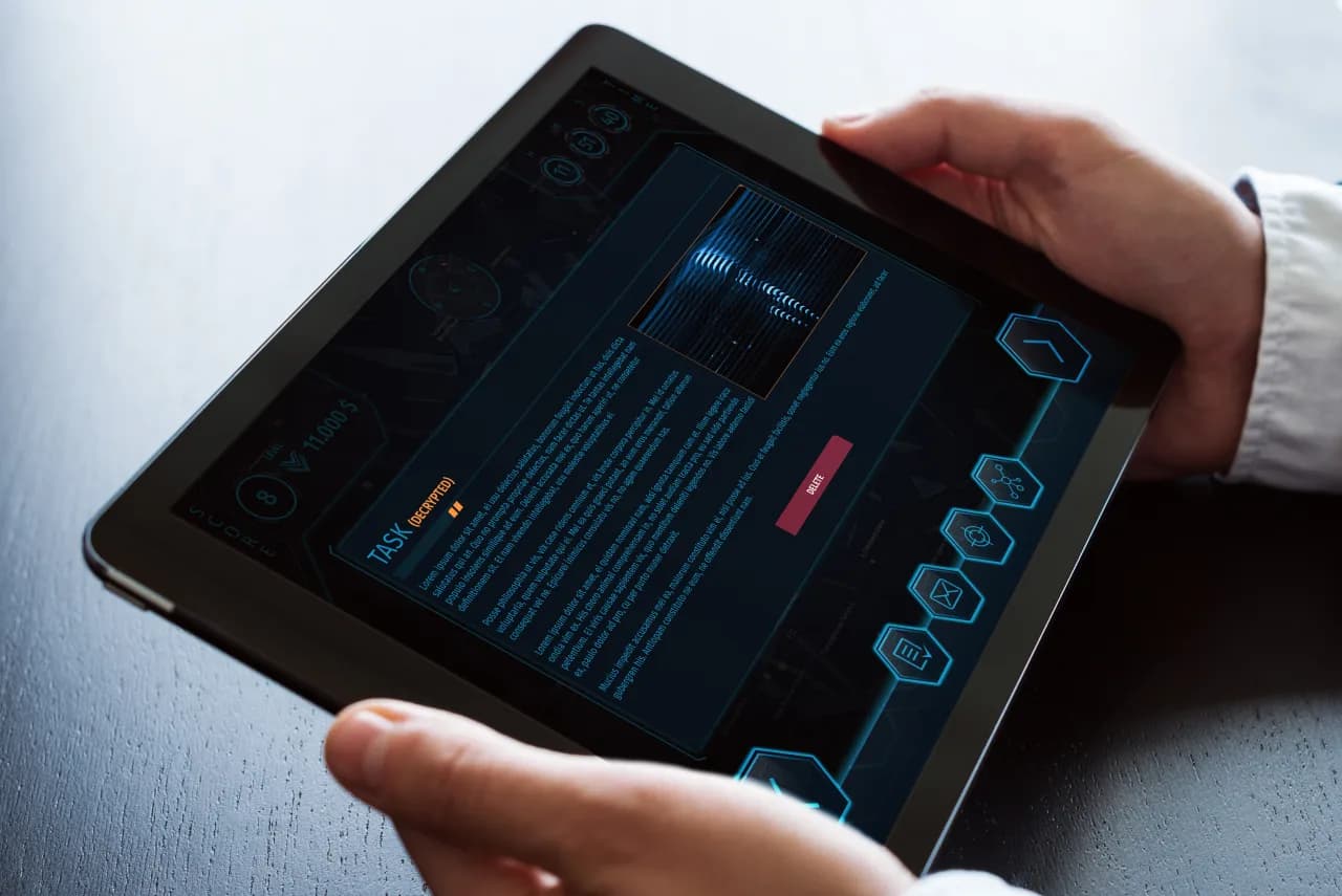 Spielerin hält das iPad mit der Operation-Mindfall-Agenten-App